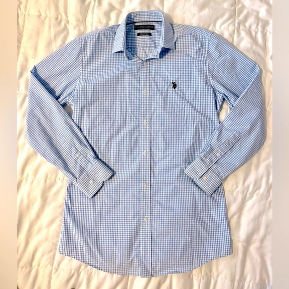 US Polo Assn Men’s Button Up Long Sleeve Dress Shirt - Blue and White Grid - Picture 1 of 7